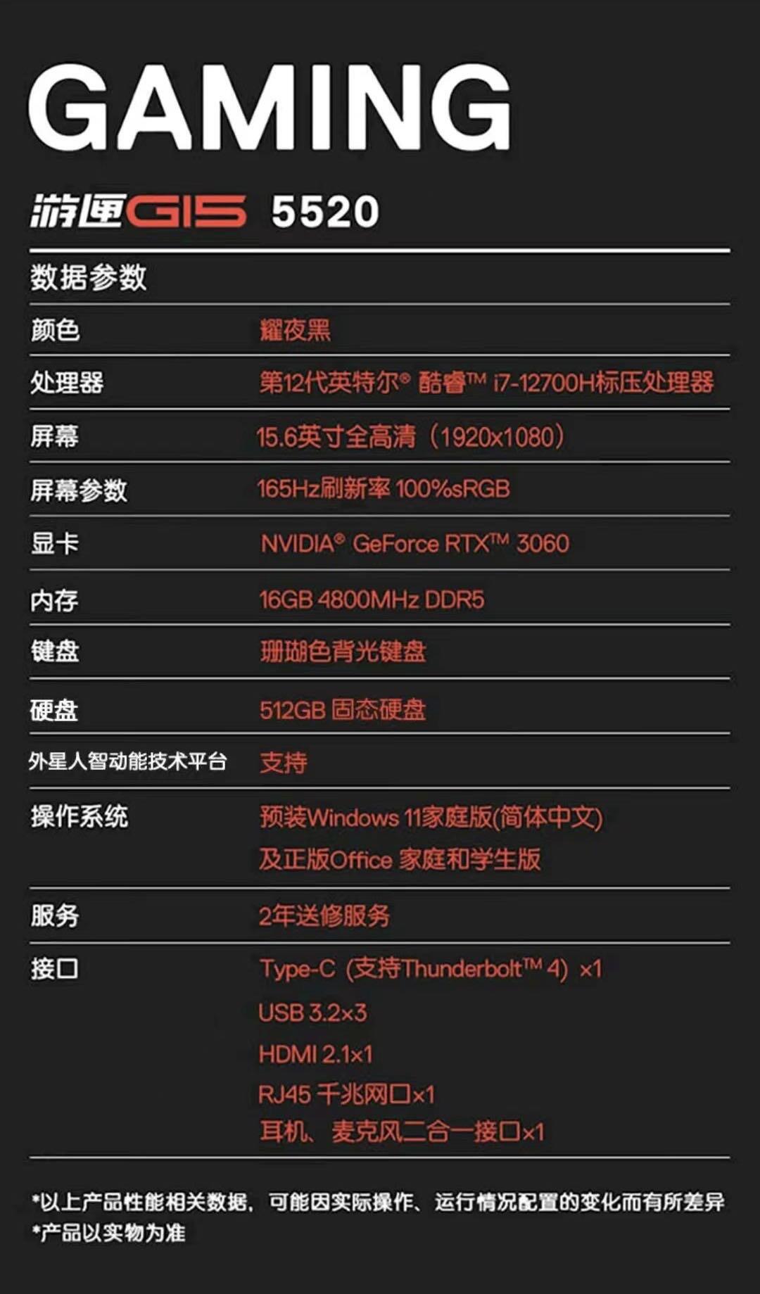 戴尔游戏本游匣G15 5520(12代i7，RTX3060)